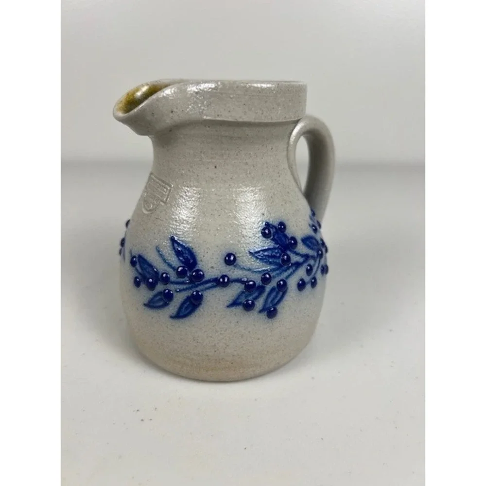 Salmon Falls Stoneware 2001 Small Pitcher Creamer Blue Berry Vine Salt Glazed NH